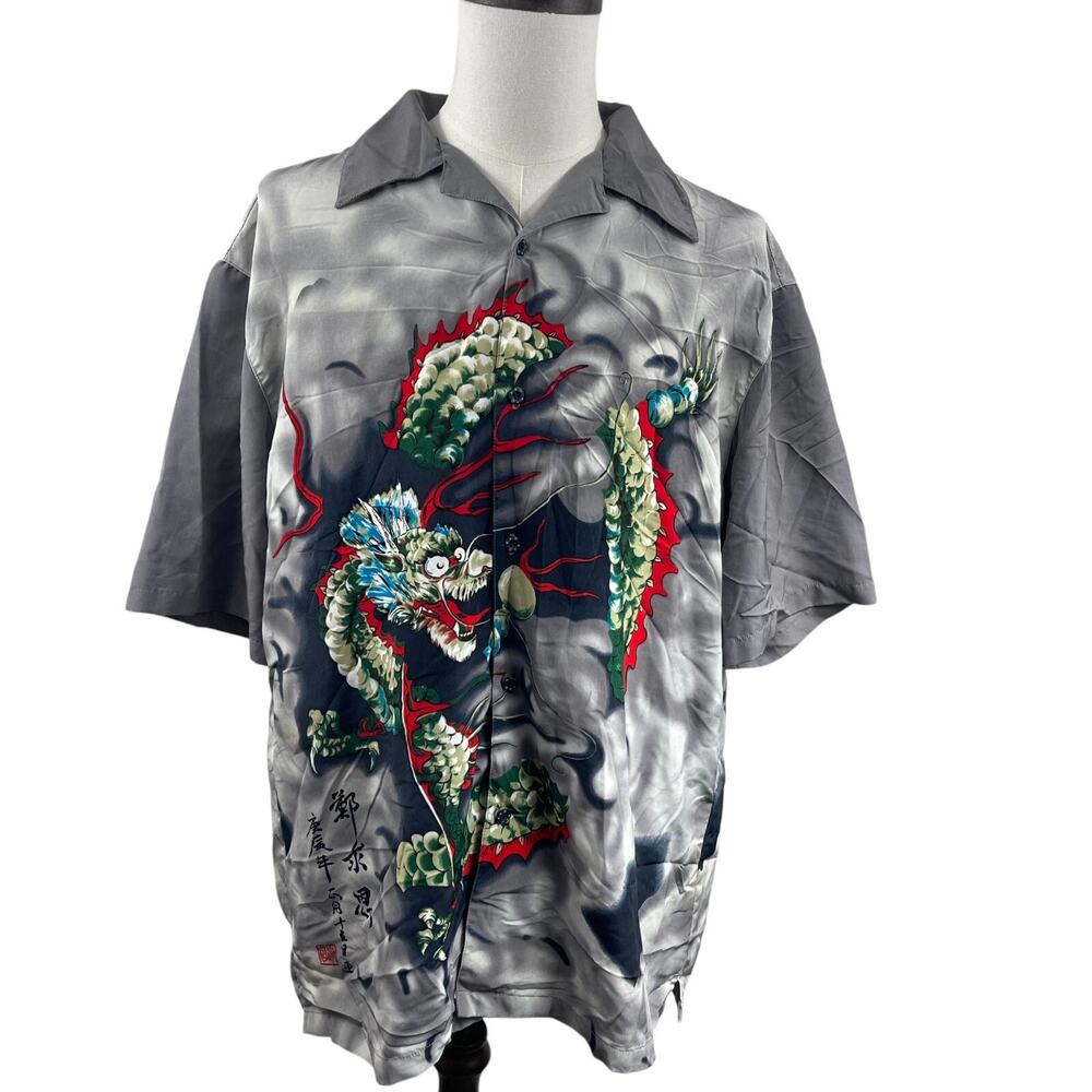 Y2K Chinese Dragon Serpent Tribal Hawaiian Button Up Shirt Men Sz XL Japanese
